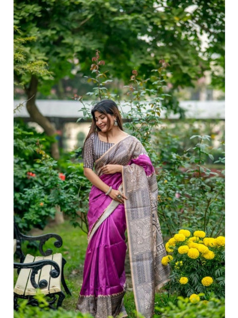 Women's Faux_Tussar Geometric_Print Saree With Unstitched Blouse 5.5Mtr (Purple)