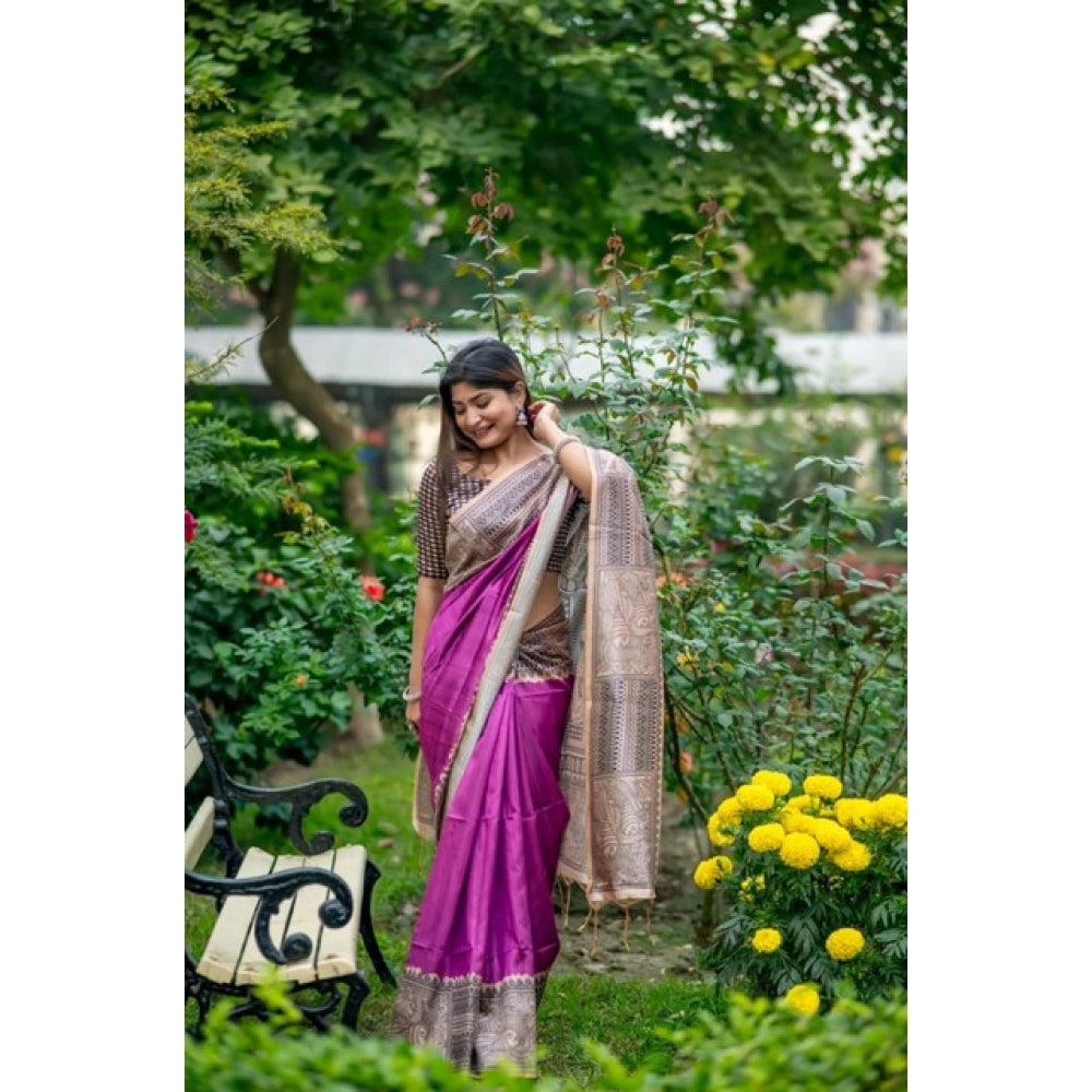 Women's Faux_Tussar Geometric_Print Saree With Unstitched Blouse 5.5Mtr (Purple)
