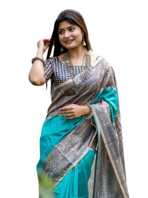 Women's Faux_Tussar Geometric_Print Saree With Unstitched Blouse 5.5Mtr (Rama_Green)