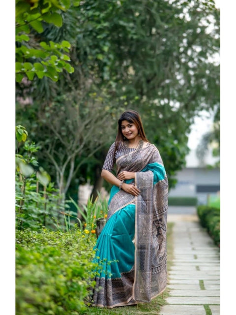 Generic Women's Faux_Tussar Geometric_Print Saree With Unstitched Blouse 5.5Mtr (Rama_Green)