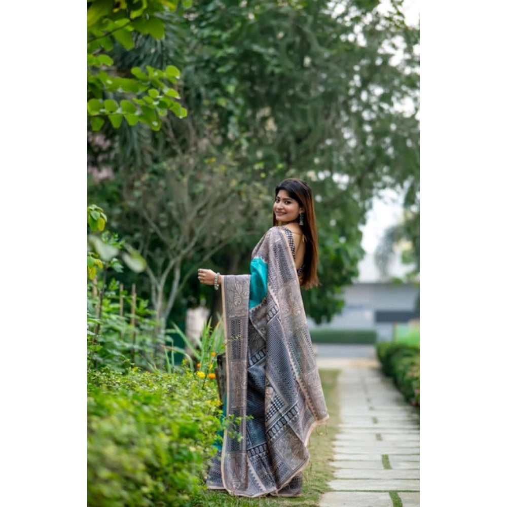 Women's Faux_Tussar Geometric_Print Saree With Unstitched Blouse 5.5Mtr (Rama_Green)