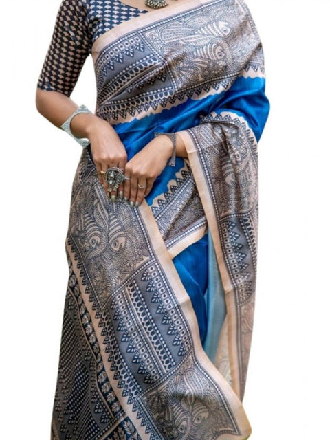 Women's Faux_Tussar Geometric_Print Saree With Unstitched Blouse 5.5Mtr (Royal_Blue)