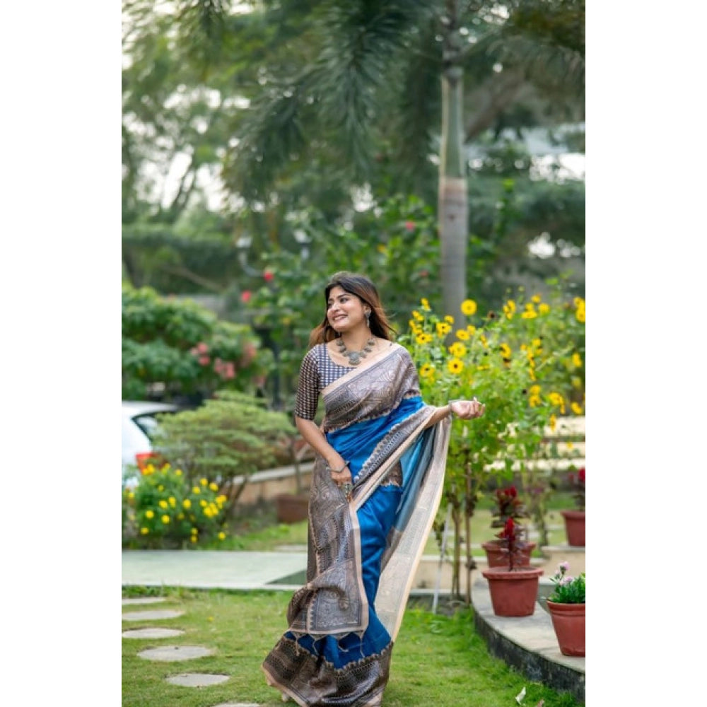 Women's Faux_Tussar Geometric_Print Saree With Unstitched Blouse 5.5Mtr (Royal_Blue)
