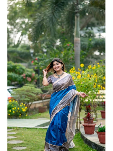 Women's Faux_Tussar Geometric_Print Saree With Unstitched Blouse 5.5Mtr (Royal_Blue)