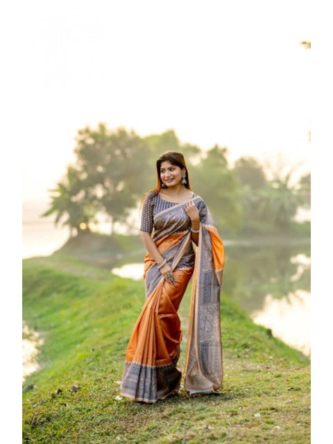 Generic Women's Faux_Tussar Geometric_Print Saree With Unstitched Blouse 5.5Mtr (Rust)
