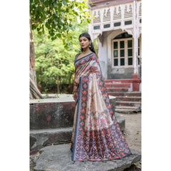Women's Faux_Tussar Floral Jal With Patola Print Saree With Unstitched Blouse 5.5Mtr (Black)