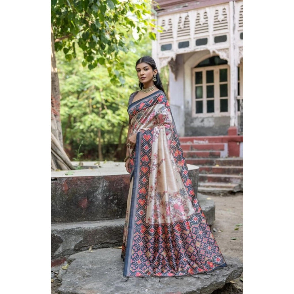 Women's Faux_Tussar Floral Jal With Patola Print Saree With Unstitched Blouse 5.5Mtr (Black)