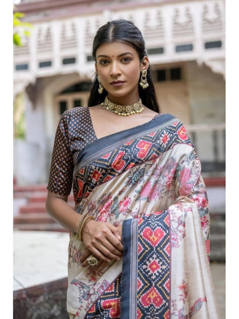 Women's Faux_Tussar Floral Jal With Patola Print Saree With Unstitched Blouse 5.5Mtr (Black)