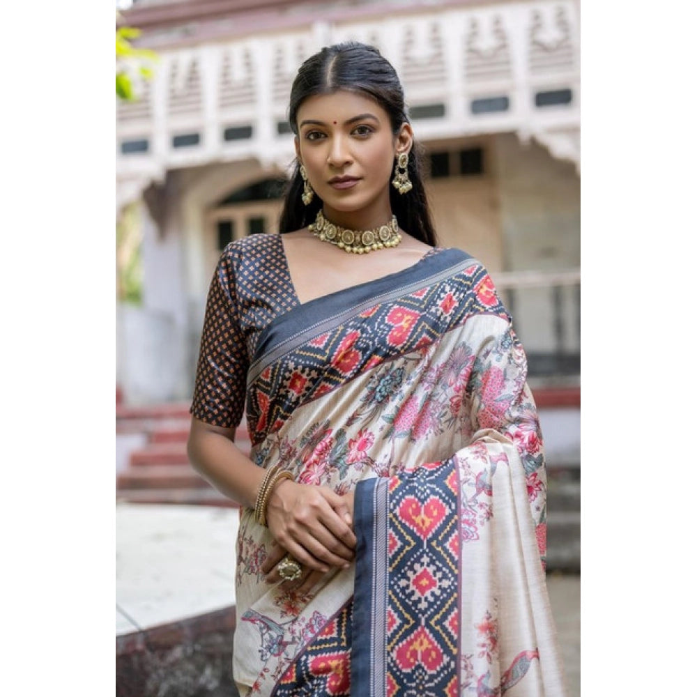 Women's Faux_Tussar Floral Jal With Patola Print Saree With Unstitched Blouse 5.5Mtr (Black)