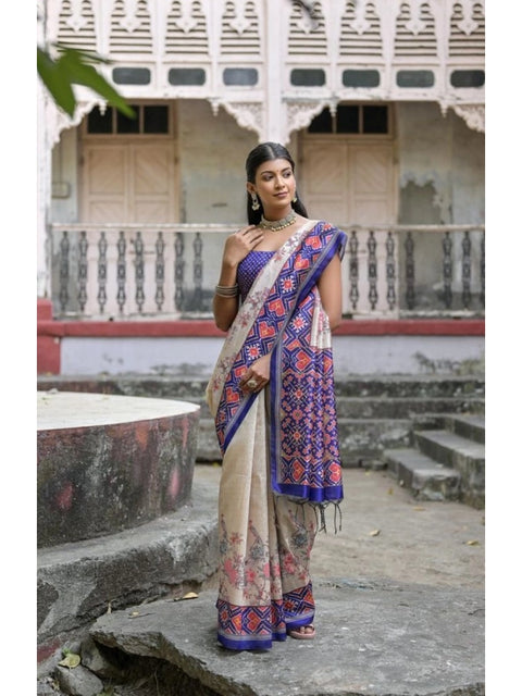 Women's Faux_Tussar Floral Jal With Patola Print Saree With Unstitched Blouse 5.5Mtr (Blue)