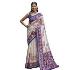 Women's Faux_Tussar Floral Jal With Patola Print Saree With Unstitched Blouse 5.5Mtr (Blue)