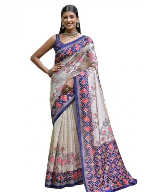 Women's Faux_Tussar Floral Jal With Patola Print Saree With Unstitched Blouse 5.5Mtr (Blue)