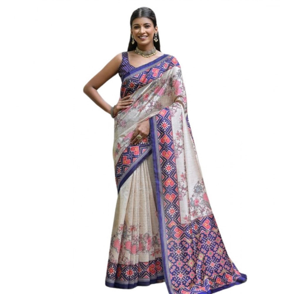Women's Faux_Tussar Floral Jal With Patola Print Saree With Unstitched Blouse 5.5Mtr (Blue)