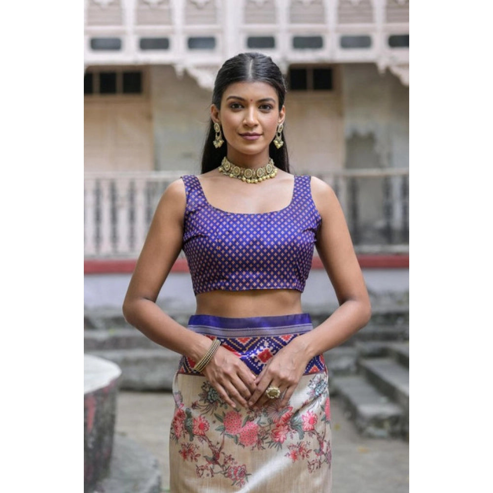 Women's Faux_Tussar Floral Jal With Patola Print Saree With Unstitched Blouse 5.5Mtr (Blue)