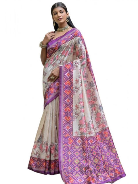 Women's Faux_Tussar Floral Jal With Patola Print Saree With Unstitched Blouse 5.5Mtr (Lavender)