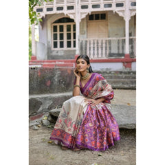 Women's Faux_Tussar Floral Jal With Patola Print Saree With Unstitched Blouse 5.5Mtr (Lavender)