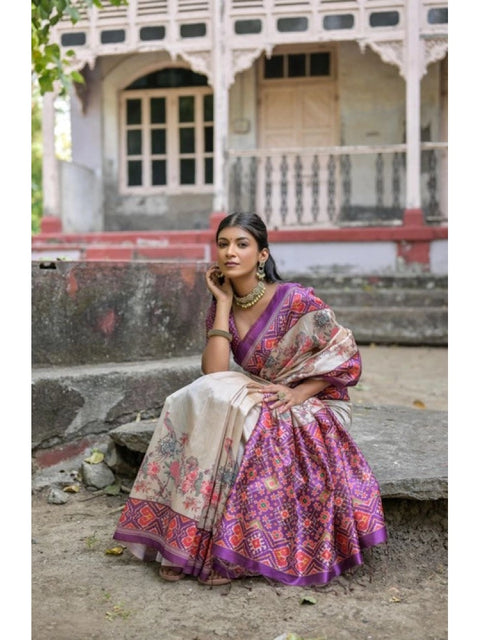 Women's Faux_Tussar Floral Jal With Patola Print Saree With Unstitched Blouse 5.5Mtr (Lavender)