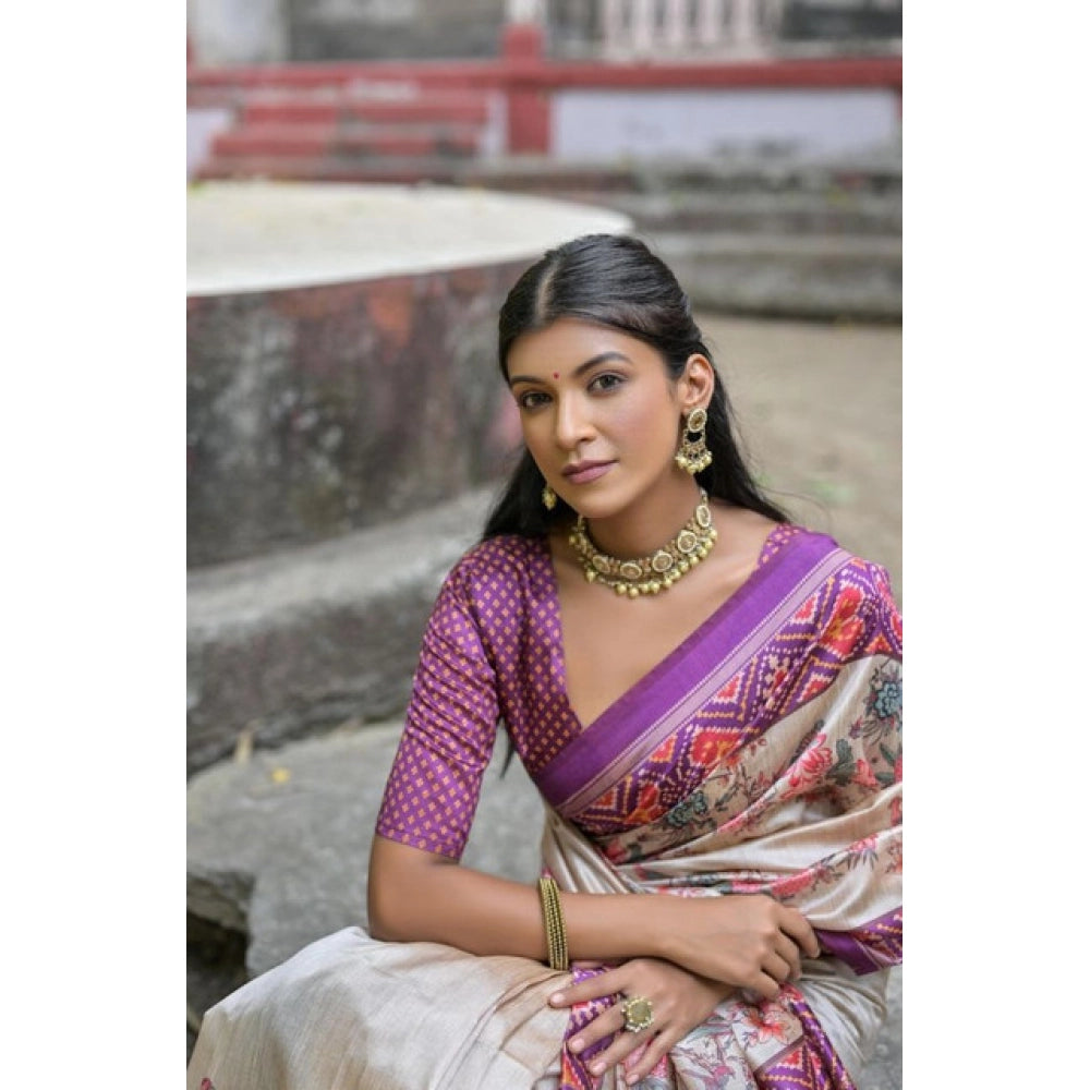 Women's Faux_Tussar Floral Jal With Patola Print Saree With Unstitched Blouse 5.5Mtr (Lavender)