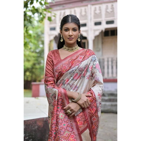 Women's Faux_Tussar Floral Jal With Patola Print Saree With Unstitched Blouse 5.5Mtr (Maroon)