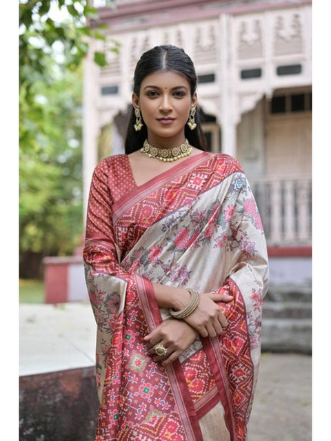 Women's Faux_Tussar Floral Jal With Patola Print Saree With Unstitched Blouse 5.5Mtr (Maroon)