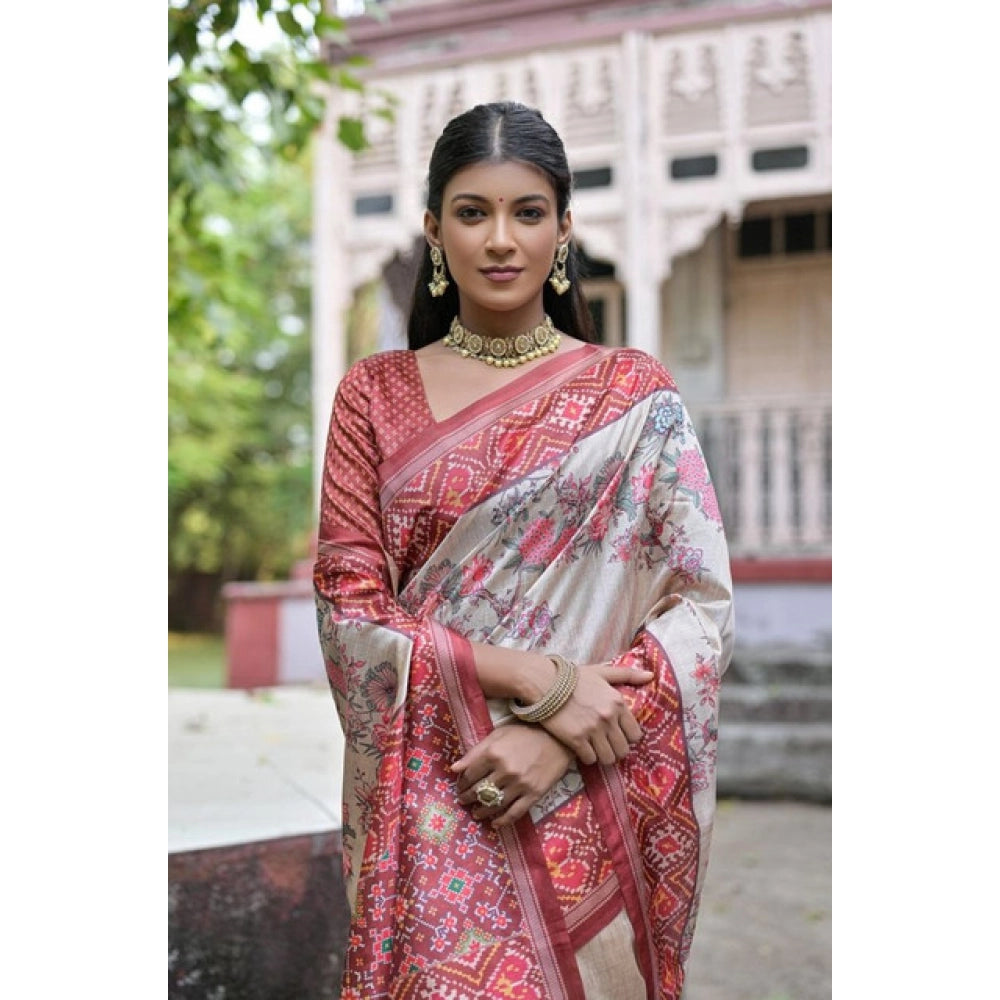 Women's Faux_Tussar Floral Jal With Patola Print Saree With Unstitched Blouse 5.5Mtr (Maroon)