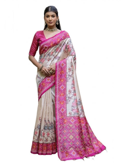 Generic Women's Faux_Tussar Floral Jal With Patola Print Saree With Unstitched Blouse 5.5Mtr (Pink)