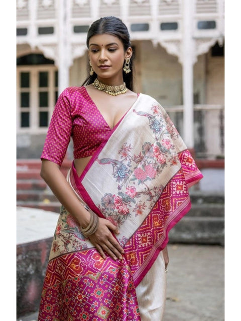 Women's Faux_Tussar Floral Jal With Patola Print Saree With Unstitched Blouse 5.5Mtr (Pink)