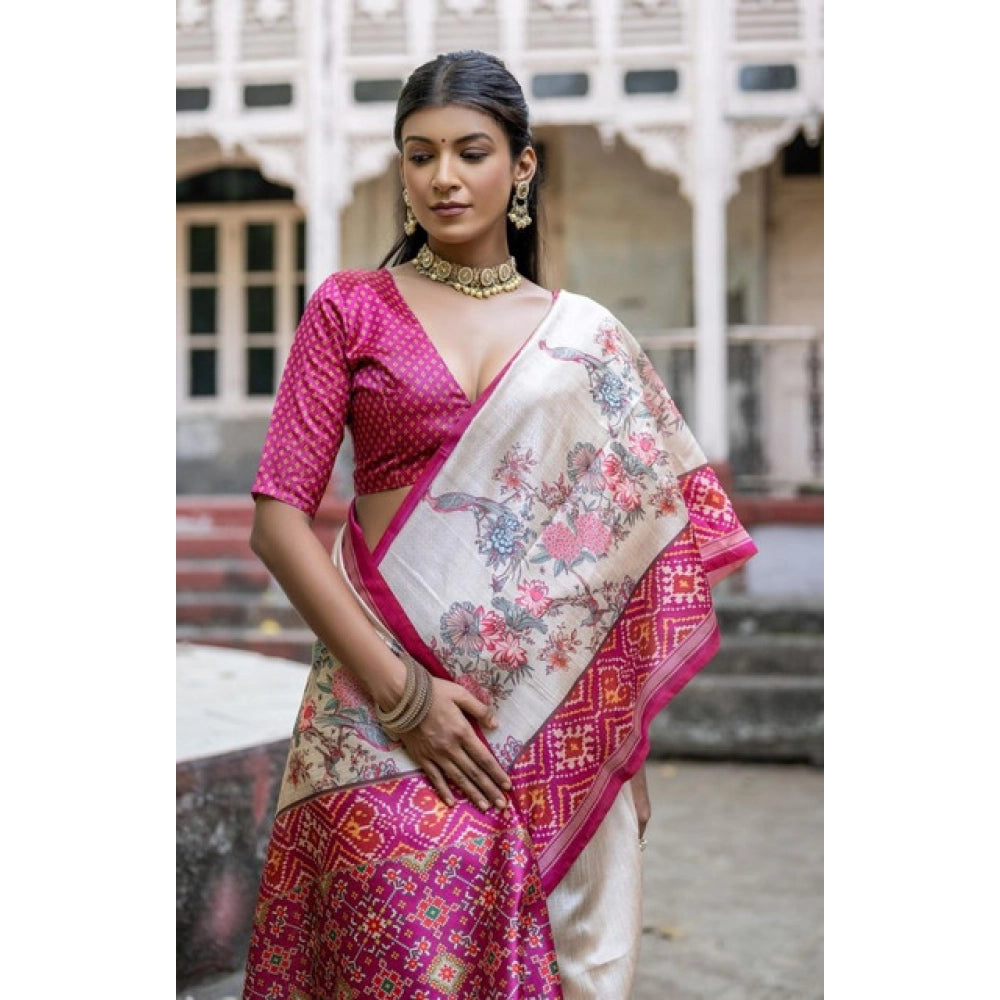 Women's Faux_Tussar Floral Jal With Patola Print Saree With Unstitched Blouse 5.5Mtr (Pink)