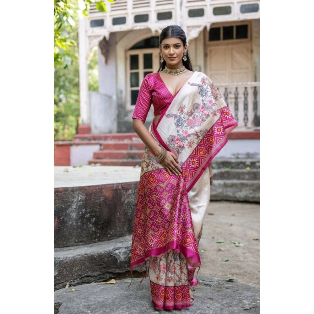 Women's Faux_Tussar Floral Jal With Patola Print Saree With Unstitched Blouse 5.5Mtr (Pink)
