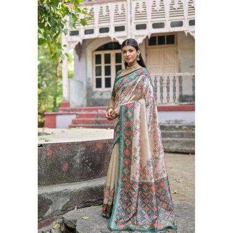 Women's Faux_Tussar Floral Jal With Patola Print Saree With Unstitched Blouse 5.5Mtr (Teal)