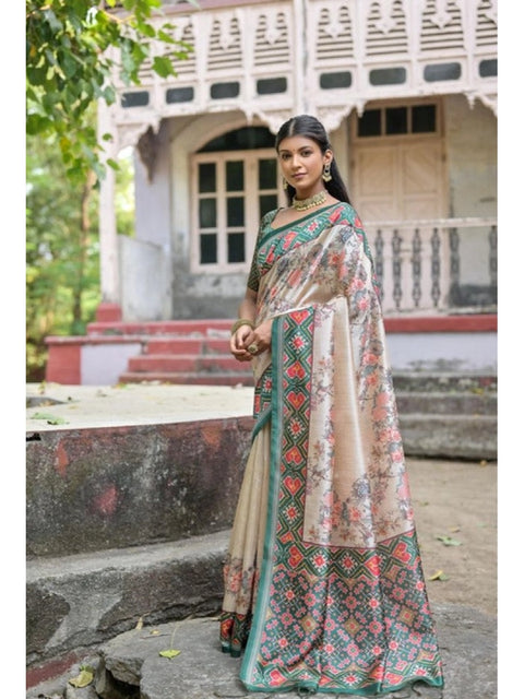 Women's Faux_Tussar Floral Jal With Patola Print Saree With Unstitched Blouse 5.5Mtr (Teal)