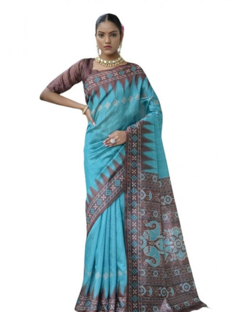 Generic Women's Faux_Tussar Ikat Saree With Unstitched Blouse 5.5Mtr (Aqua_Blue)