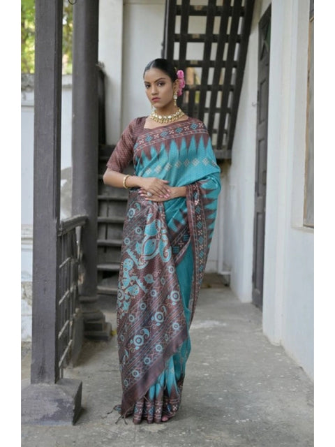 Generic Women's Faux_Tussar Ikat Saree With Unstitched Blouse 5.5Mtr (Aqua_Blue)