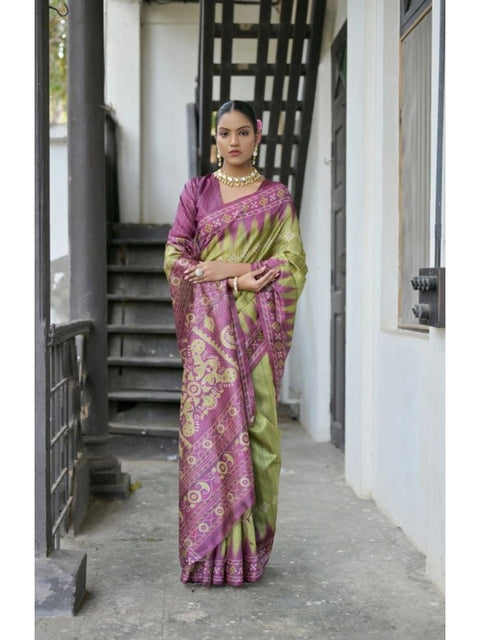 Generic Women's Faux_Tussar Ikat Saree With Unstitched Blouse 5.5Mtr (Green)