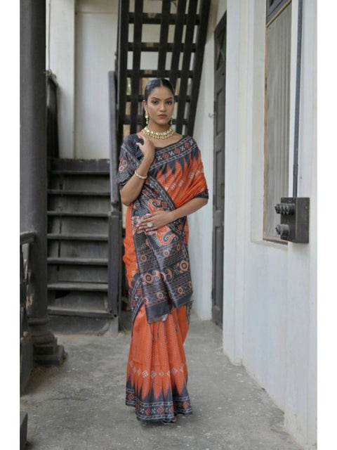 Generic Women's Faux_Tussar Ikat Saree With Unstitched Blouse 5.5Mtr (Orange)
