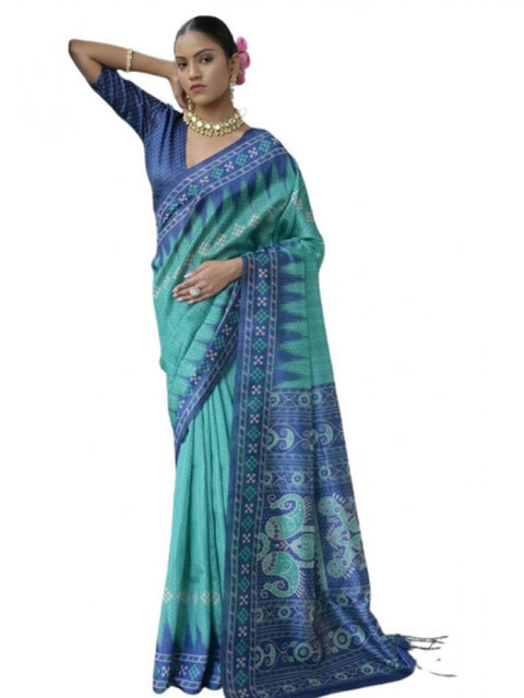 Generic Women's Faux_Tussar Ikat Saree With Unstitched Blouse 5.5Mtr (Sea_Green)