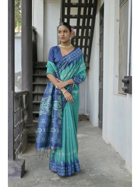 Generic Women's Faux_Tussar Ikat Saree With Unstitched Blouse 5.5Mtr (Sea_Green)