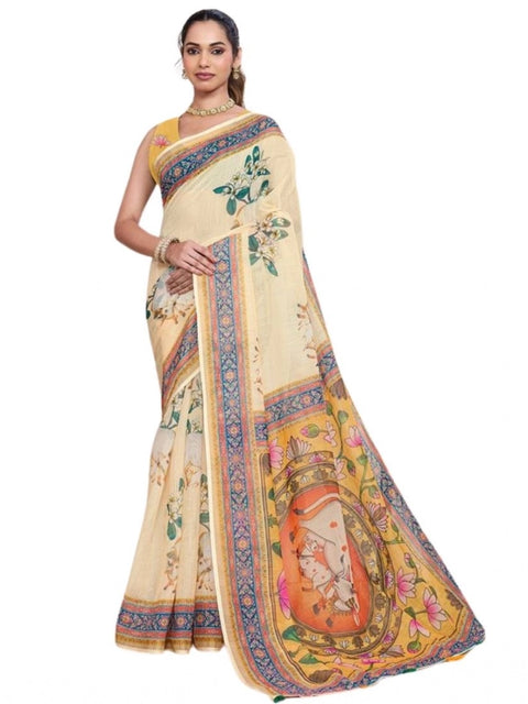 Generic Women's Linen Floral Printed Saree With Unstitched Blouse 5.5Mtr (Beige)