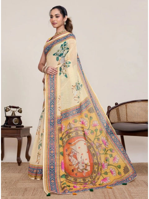 Generic Women's Linen Floral Printed Saree With Unstitched Blouse 5.5Mtr (Beige)