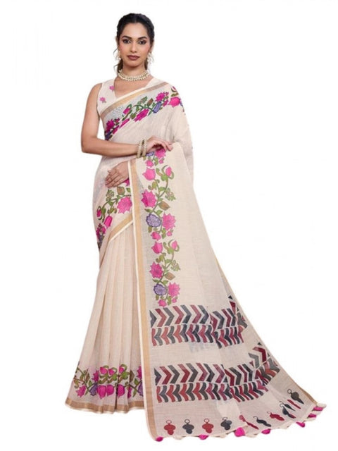 Generic Women's Linen Floral Printed Saree With Unstitched Blouse 5.5Mtr (Cream)