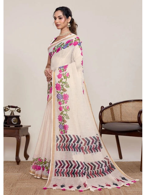Generic Women's Linen Floral Printed Saree With Unstitched Blouse 5.5Mtr (Cream)