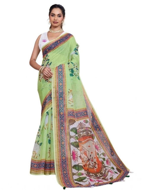 Generic Women's Linen Floral Printed Saree With Unstitched Blouse 5.5Mtr (Light Green)