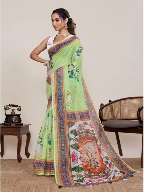 Generic Women's Linen Floral Printed Saree With Unstitched Blouse 5.5Mtr (Light Green)