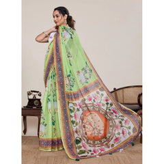 Generic Women's Linen Floral Printed Saree With Unstitched Blouse 5.5Mtr (Light Green)