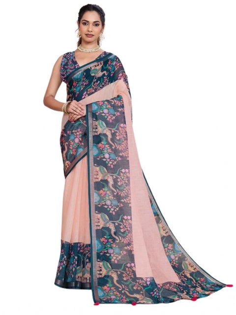 Generic Women's Linen Floral Printed Saree With Unstitched Blouse 5.5Mtr (Peach Pink)