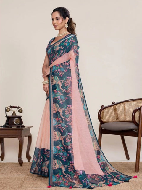 Generic Women's Linen Floral Printed Saree With Unstitched Blouse 5.5Mtr (Peach Pink)