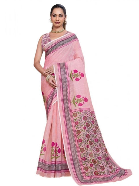 Generic Women's Linen Floral Printed Saree With Unstitched Blouse 5.5Mtr (Pink)