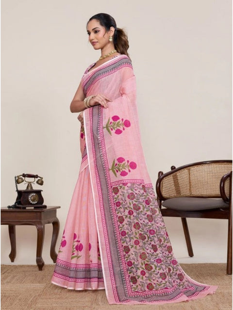 Generic Women's Linen Floral Printed Saree With Unstitched Blouse 5.5Mtr (Pink)
