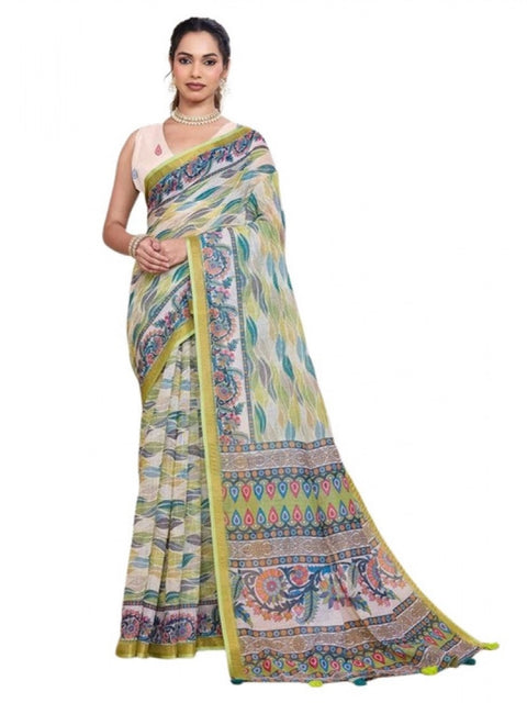 Generic Women's Linen Floral Printed Saree With Unstitched Blouse 5.5Mtr (Pista Green)