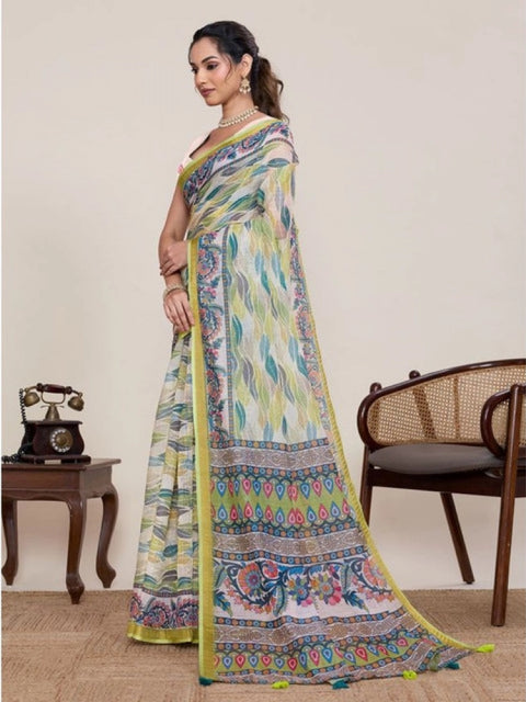 Generic Women's Linen Floral Printed Saree With Unstitched Blouse 5.5Mtr (Pista Green)